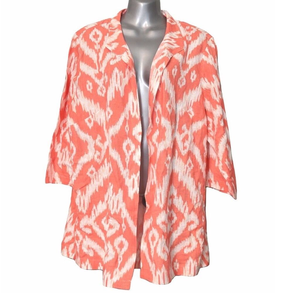 Chico's Size‎ 3 Linen Ikat Open Front Jacket Coral White Boho Topper XL